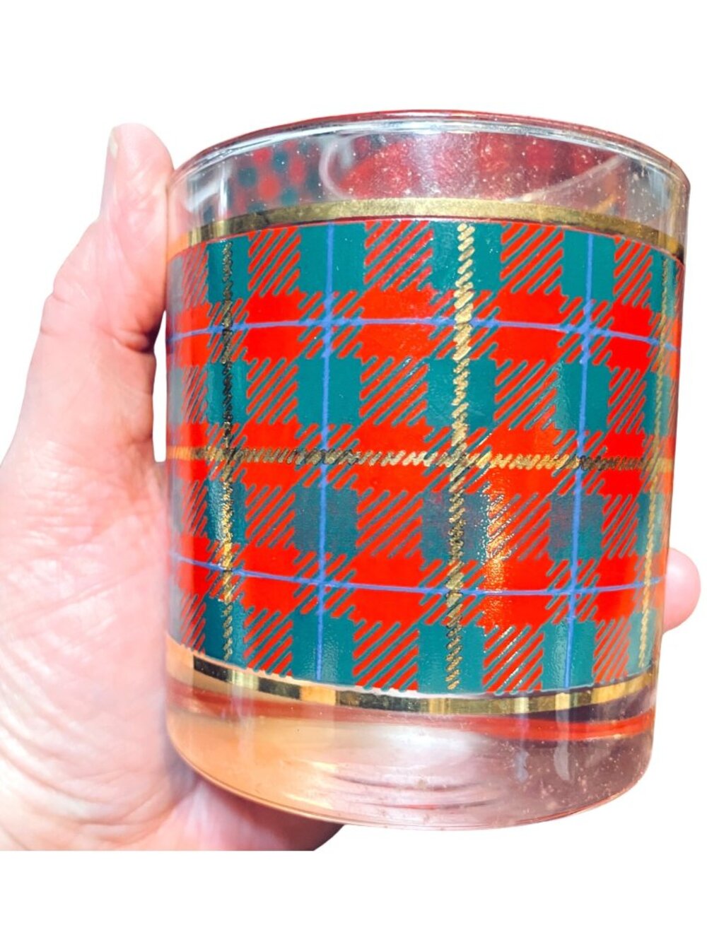 Vintage Red & Green Plaid Lowball Glasses Set Of 8 With Gold Trim - Mid-Century